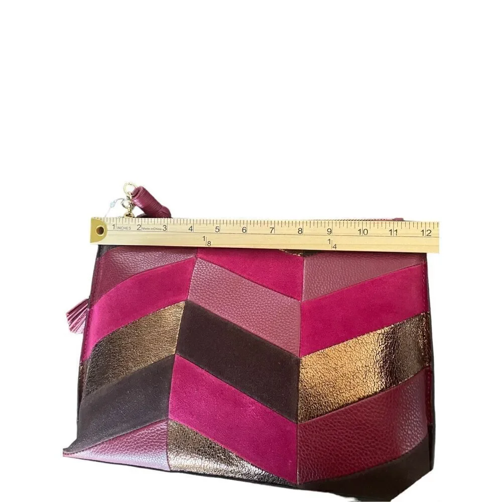 NWT Sam Edelman Chevron Suede Leather Patchwork Fringe Clutch Red/ Brown - Picture 5 of 15